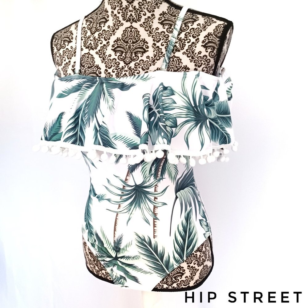 SHEIN Swim Suit Tropical Palm Leaf Print Neck Ruffle Pompom Trim One Piece S